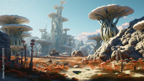 An alien landscape with strange rock formations and al