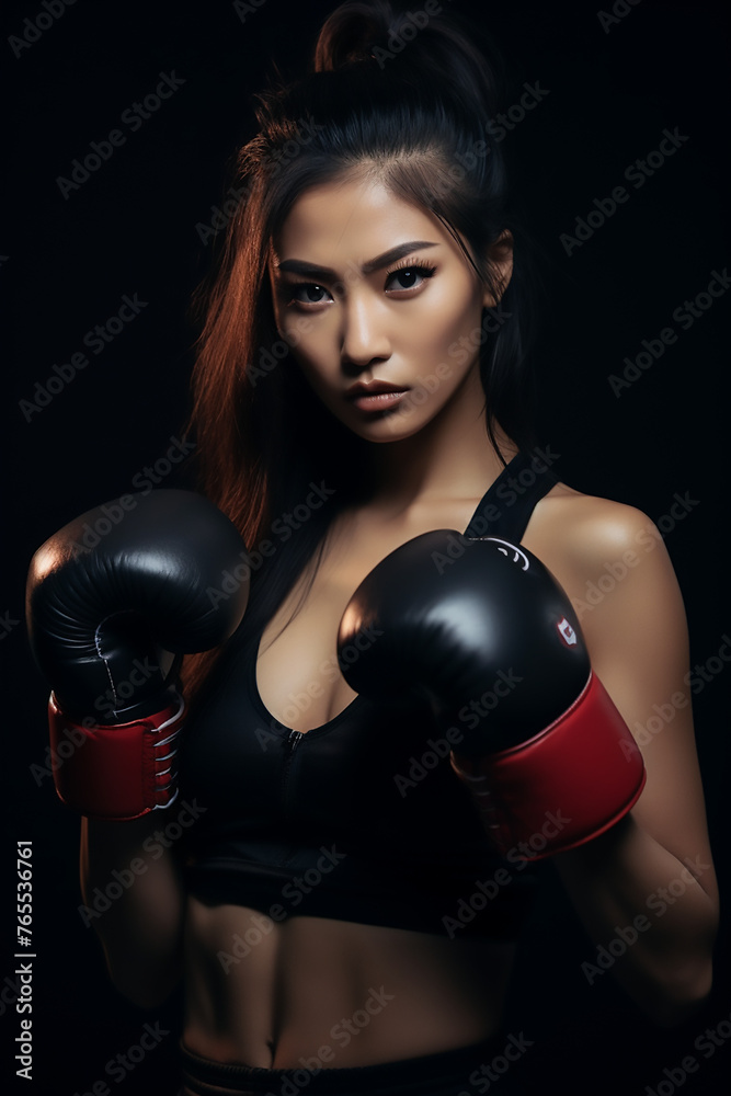 Portrait of young Asian woman with boxing gloves. High quality photo