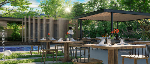 Outdoor Patio Restaurant at a Pool and Sunny Sky in Background - panoramic 3D Visualization