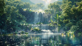 Serene tropical waterfall oasis surrounded by lush greenery and foliage, with sunlight filtering through.