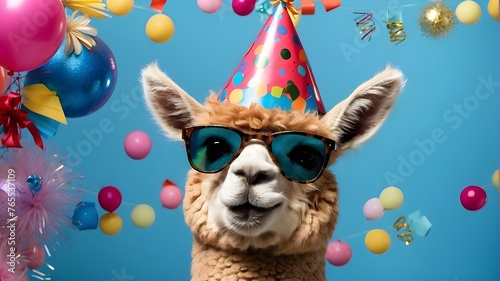 Happy birthday, carnival, New Year's Eve, Sylvester, or any other joyous occasion - this humorous animal card features an alpaca wearing a party hat and sunglasses against a blue background.