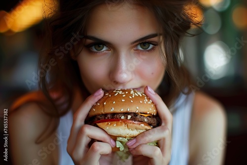 Beautiful young woman having a hotdog or burger stock photo