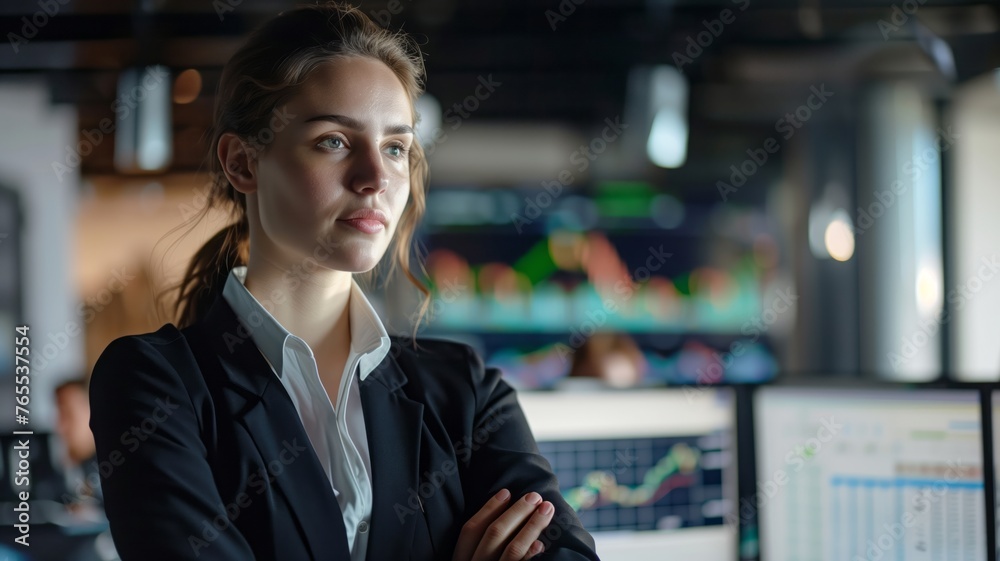 Businesswoman standing in office. Trading charts in background, concept of woman in business, financial markets, with bulls and bears indicating market trends. Businesswoman standing in office. Trading charts in background, concept of woman in business, financial markets, with bulls and bears indicating market trends.