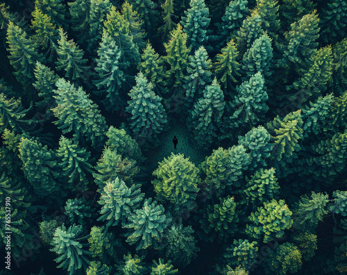 Drone view of dense green trees in forest. High quality photo