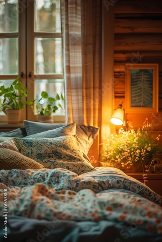 Pneumonia patient home care, family tending, cozy bedroom, close-up, warm and comforting light.stock photographic style