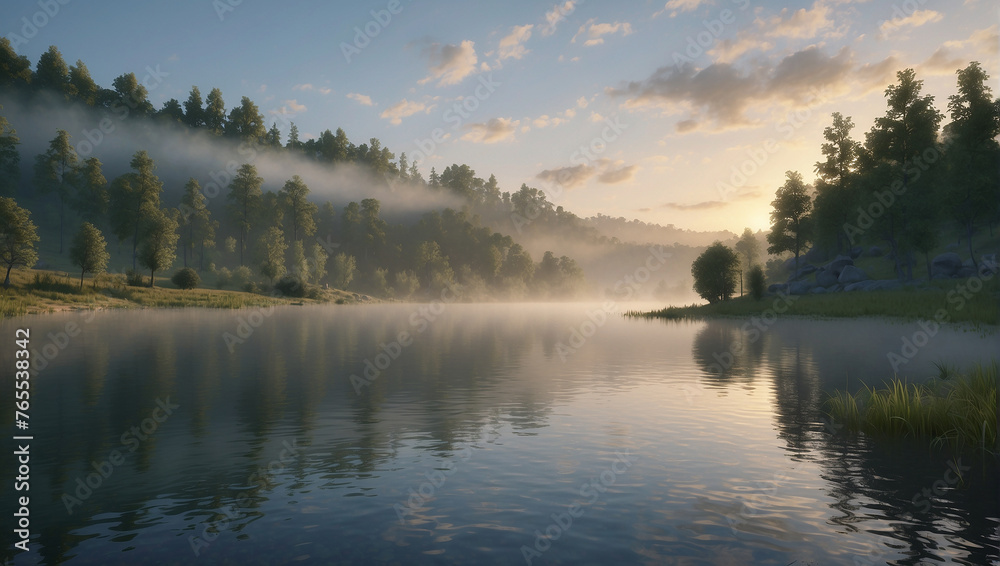 A lake in the morning with trees on the shore and fog on the water.