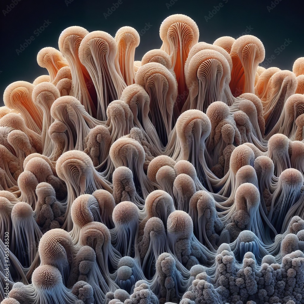 Obraz premium Ethereal Fungal Bloom: A Dance of Earthy Elegance Amidst Textured Tendrils of Nature’s Silent Symphony in a Mystical Forest Sanctuary