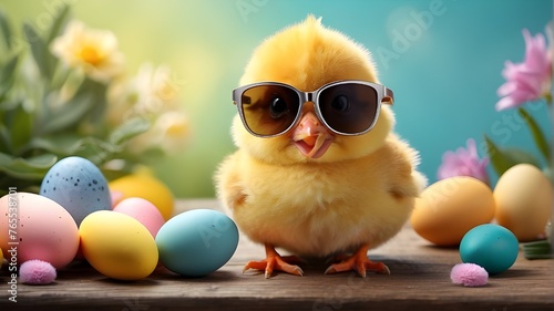 Funny Easter greeting card with an animal theme - adorable little baby chick with sunglasses on a table © Shehzad