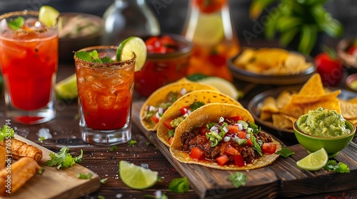 Luscious Mexican Feast With Tacos, Refreshing Michelada Cocktails, And Guacamole, Presented On A Wooden Surface. Mexican Cuisine. Restaurant Menus Or Food Blogs. AI Generated