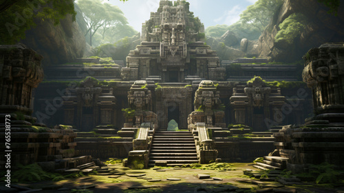 An ancient temple with towering columns and intricate