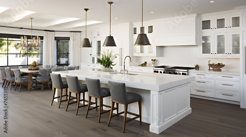 Clean and inviting white kitchen with sleek cabinetry, quartz countertops, and a large island with bar seating, offering a modern and functional 