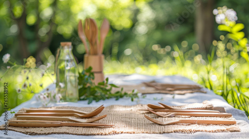 A sustainable wooden picnic cutlery set on a burlap cloth in a sunny garden.
