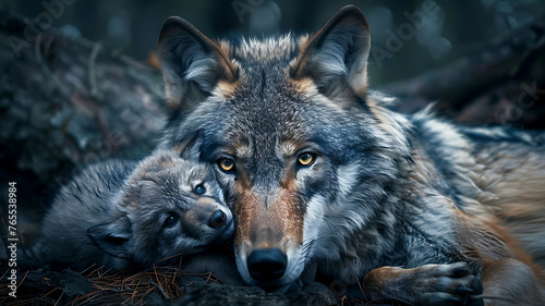 she-wolf with her cub in the forest
