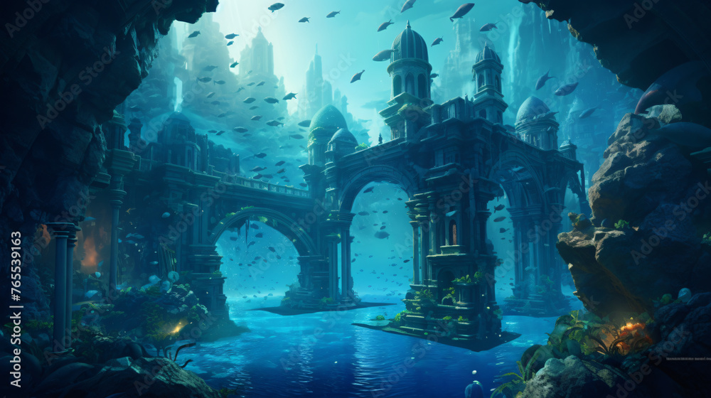 An underwater city with glass domes and underwater tun