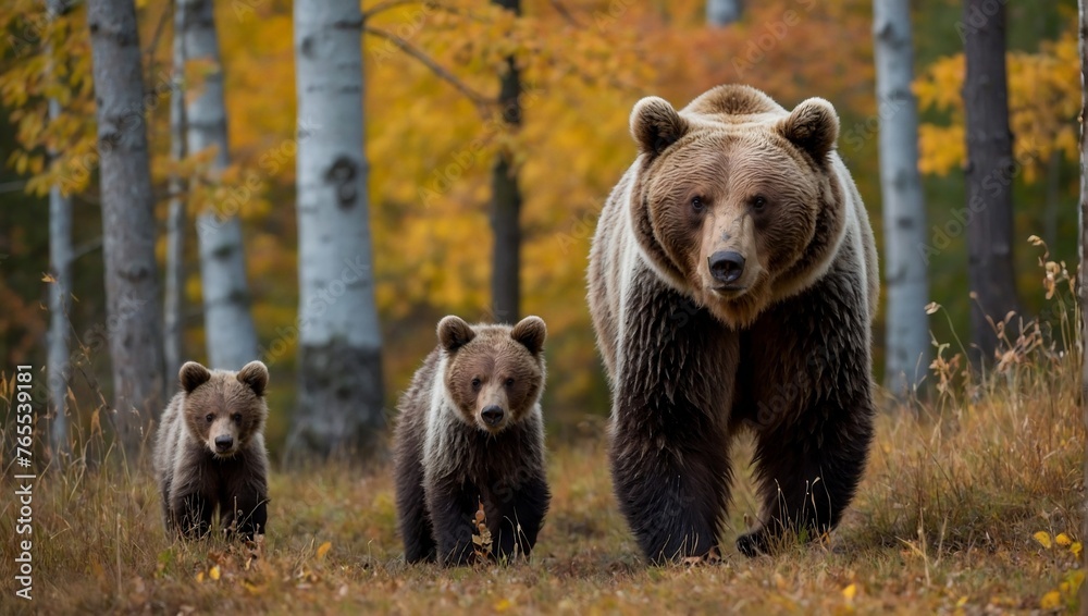 mother bear with three little bears in the forest in autumn