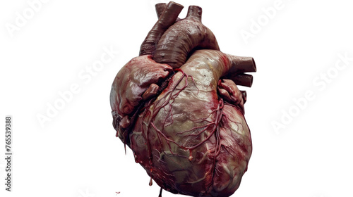 Isolated human heart surrounded by raw meat ingredients on a white background
