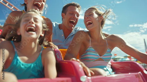 A family of four riding a roller coaster at an amusement park, laughing and screaming, with details of the family members' expressions, the roller coaster, and the amusement park in the background.