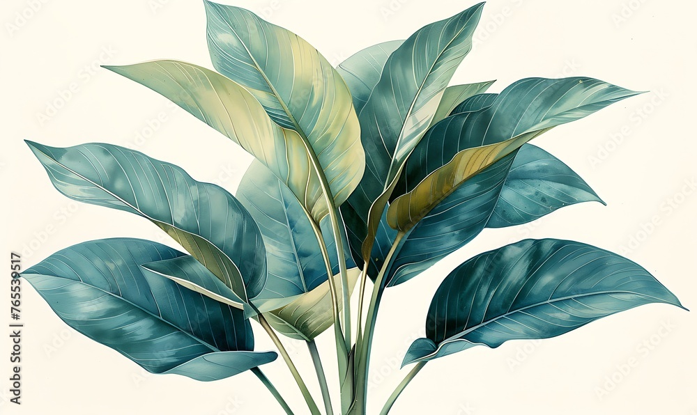 A vintage botanical illustration of an indoor plant with large, dark green leaves on a white background. Generative Ai - obrazy, fototapety, plakaty 
