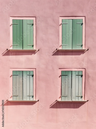 A pink building with four windows featuring vibrant green shutters