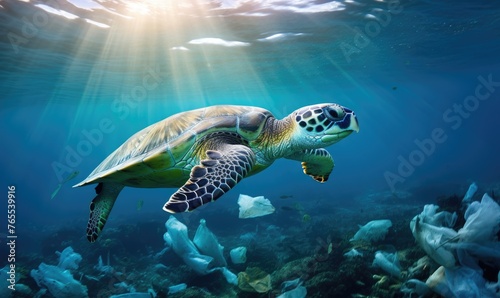 Beautiful giant turtle swims in a polluted sea full of plastic waste, bottles. Plastic pollution theme