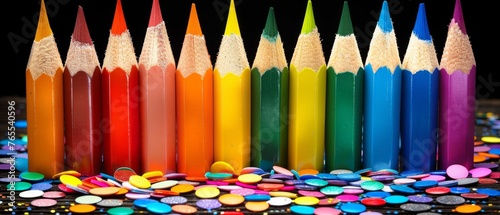  A set of colorful pencils resting atop a heap of confetti and cone-shaped confetti
