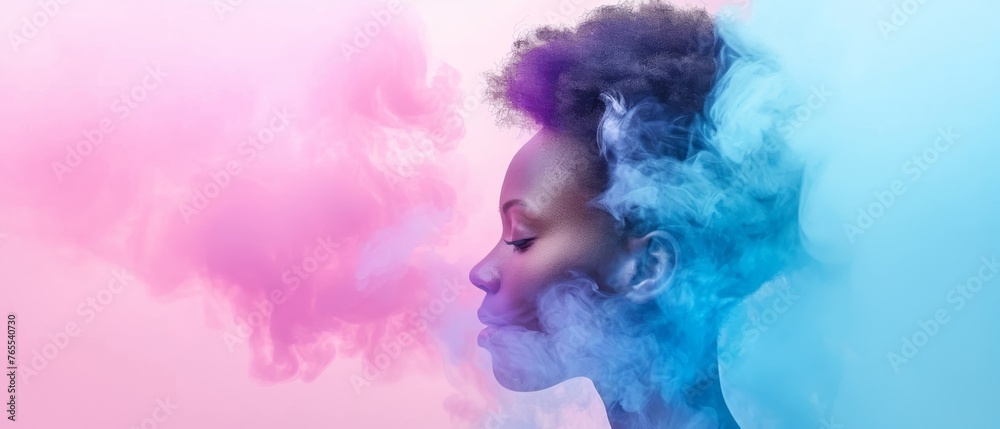  A woman with blue-pink and pink-blue smoke emanating from her face, in front of a pink-blue smoke backdrop