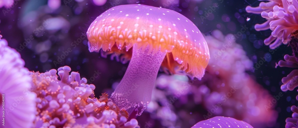 A close-up of a group of purple and orange sea anemones in a coral sea anemone A close-up of a group of purple and orange sea anemones in a coral sea anemone