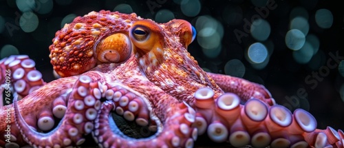  A detailed photo of an octopus against a dark backdrop, showcasing its unique features and colors, while surrounding it with out-of-focus illumination