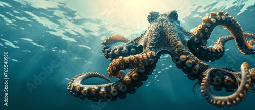  An octopus in the ocean, illuminated by sunlight from behind and its head above water © Albert