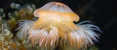  A macro shot of a jellyfish inside a sea anemone amidst other sea anemones