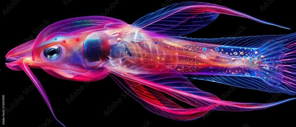 Obraz premium A fish photographed in close-up, illuminated by multiple sources, with visible scales on its body and strands of hair on its head
