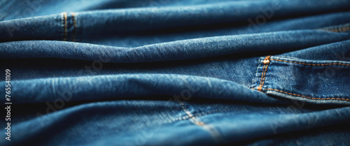 Texture of blue jeans with folds and bends. Background. Panorama. Banner.