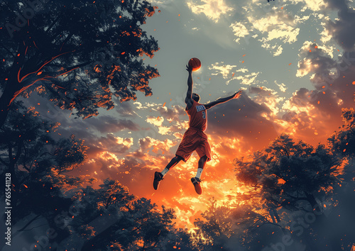 A basketball player making a slam dunk photo