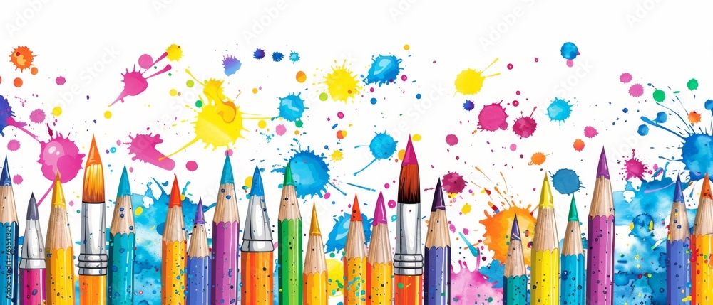 A multicolored pencil set on a white canvas with paint stains A multicolored pencil set on a white canvas with paint stains