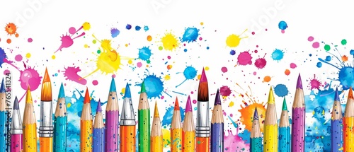  A multicolored pencil set on a white canvas with paint stains