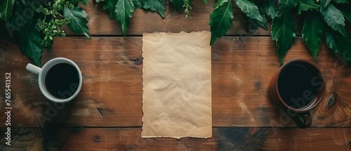  A sheet of paper resting atop a wooden desk near two cups of joe and a greenhouse photo