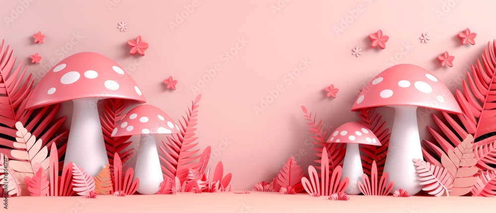  A cluster of pink mycelium growing atop verdant foliage beside a mural adorned with rosy constellations - obrazy, fototapety, plakaty 