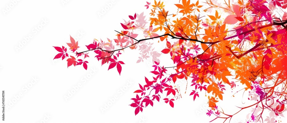  A photo shows a close-up of a tree's branch, with leaves colored red and yellow against a white sky