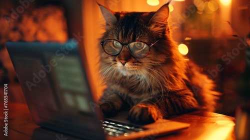 Fluffy cat with hornrimmed glasses, typing on a laptop, warm light, wooden table, low angle, soft focus photo