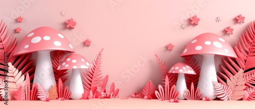  A cluster of pink mycelium growing atop verdant foliage beside a mural adorned with rosy constellations
