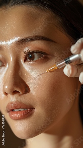 Injecting neurotoxin, closeup on hands and crows feet, Asian beauty scene, warm, inviting light photo