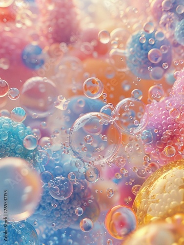 Illustrate Micro Bubble technology in a 3D cleansing scene, with microscopic bubbles purifying pores