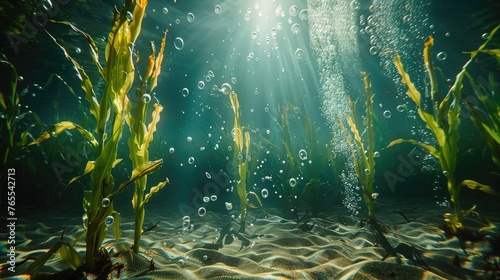 Underwater Cornfield Basks in Sunlight's Glow: A Acrylic Painting Celebrating Nature's Hidden Cornstalk Sanctuary