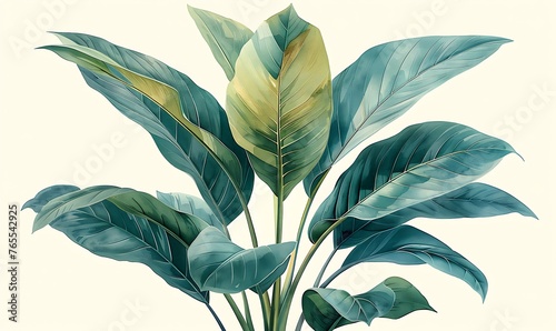 A vintage botanical illustration of an indoor plant with large, dark green leaves on a white background. Generative Ai