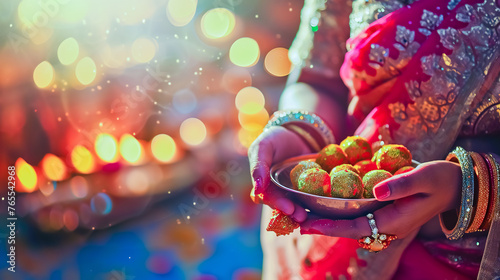 Indian woman holding sweet meal or laddoo thali. photo
