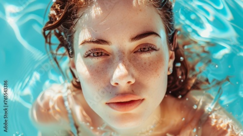 Ethereal underwater portrait of a woman bathed in sunlight, with a clear, captivating stare