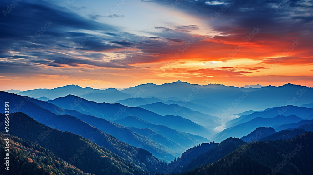 Obraz premium Beautiful sunset in the mountains. Landscape with mountains. Generate Ai