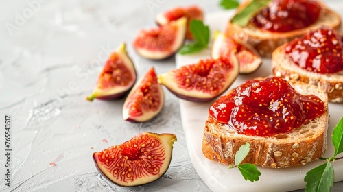Artisanal fig jam spread on toast  paired with ripe fig slices  on a white marbled background adorned with green leaves