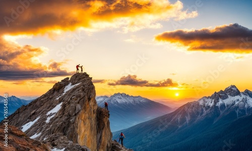 Climbers traverse an alpine ridge as the sun sets, casting a glow over the sweeping mountain vista. The expansive view captures the essence of high-altitude exploration.