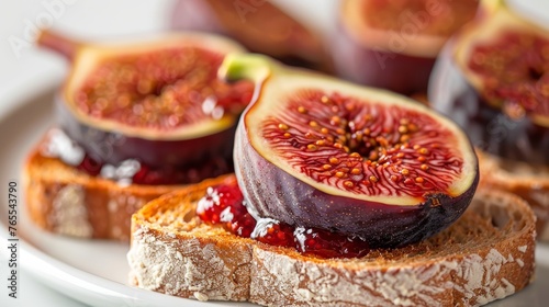 Close-up of toasted artisan bread with a dollop of fig jam, topped with a half fig, presented on a white plate